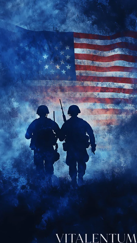 Silhouetted soldiers advance beneath textured American flag