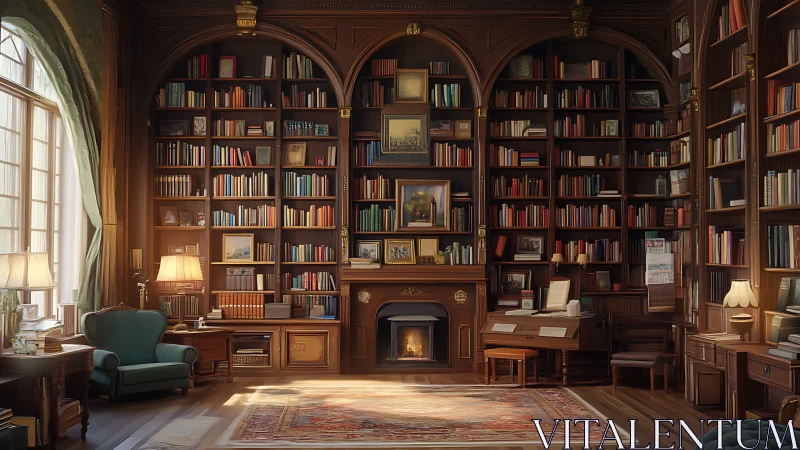 Velvet-chaired library glow around a story-fed fireplace.