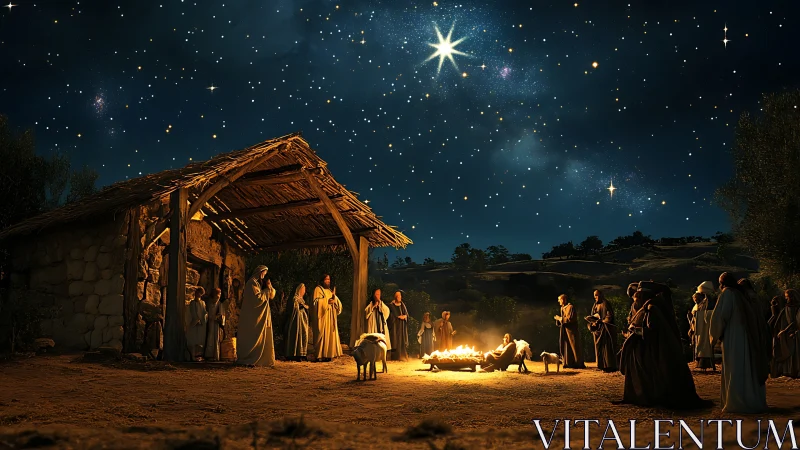 Star-lit nativity gathering glows under a tranquil winter sky