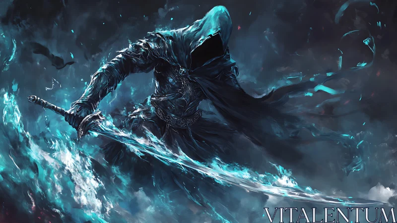 Hooded spectral swordsman amid blue energy currents.