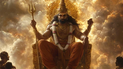 Divine warrior king seated on radiant golden throne