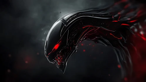 Liquid void predator with burning red cyber gaze.