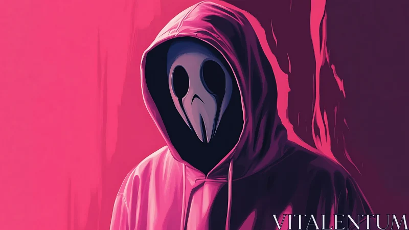 Neon pink hooded figure with stylized plague doctor mask