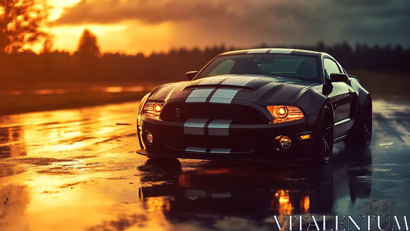 Shelby-style muscle car rendered in cinematic sunset rainlight