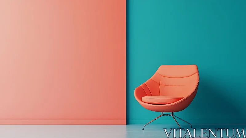 Coral lounge chair against split coral and teal wall backdrop.