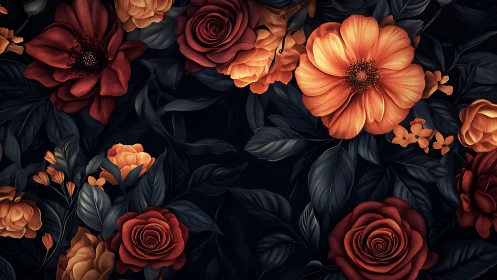 Dark Floral Garden: Red and Orange Blooms.