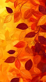 Autumn foliage illustration with layered orange and crimson leaves.
