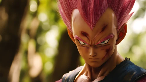 Battle-worn pink-haired warrior under shallow depth of field.