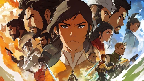 Central heroine faces assembled fighters in mirrored formation