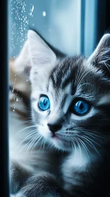 Sapphire Gaze: Where Azure Eyes Meet Rainy Window Reflections.