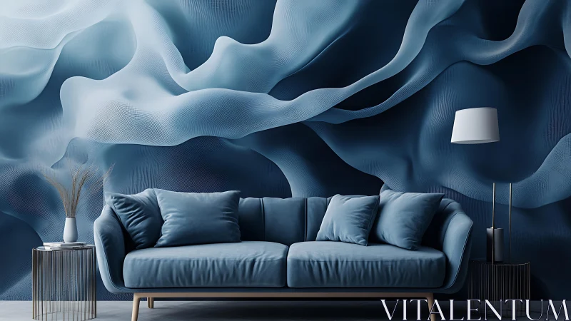 Modern blue velvet sofa in front of abstract wave mural, contemporary style.