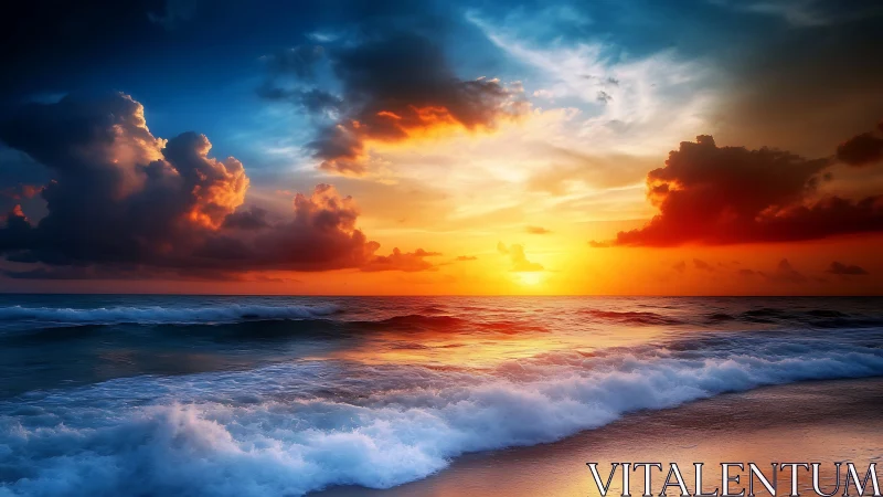 Sunset tide ignites the horizon in stormlit ocean colorstorm.