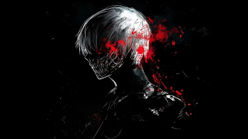 Profile of humanoid figure with fractured face and splatter.