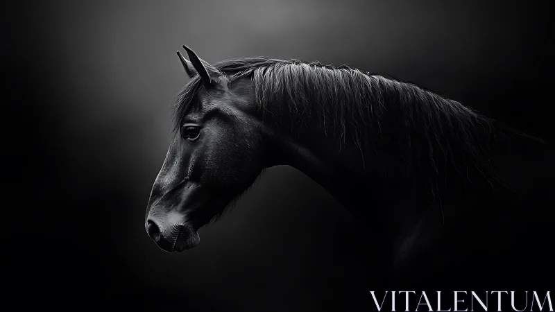 Profile study of dark horse head on black ground.