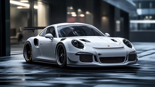 Track-prepped white Porsche GT racer with aero kit in wet city lot