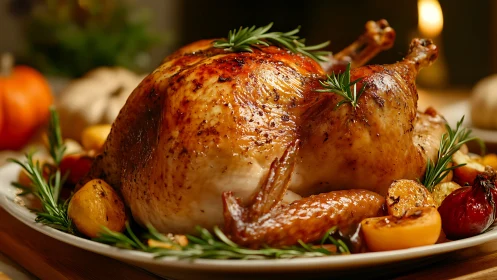 Golden-Glazed Poultry with Rosemary Garnish and Caramelized Root Vegetables.