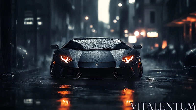 Nocturnal supercar under rainfall with cinematic reflections.