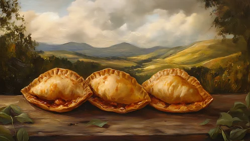 Three baked hand pies on wooden ledge before hills.