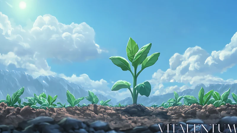 Young green plant in bright mountain farmland landscape.