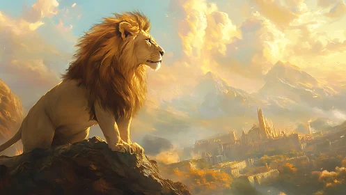 Majestic lion overlooking sunlit fantasy mountain citadel