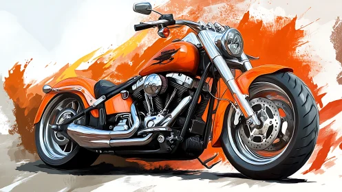 Custom orange cruiser motorcycle in dynamic digital artwork.