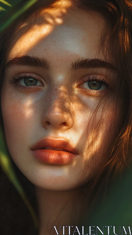 Sunlit portrait reveals gentle freckles and thoughtful eyes