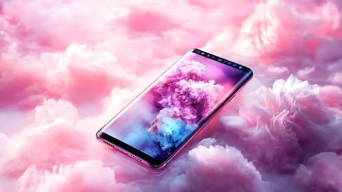 Bezel-less smartphone lies on pink cloudlike floral surface