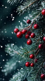 Snow-dusted evergreen needles and red berries occupy frame