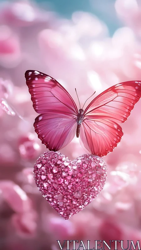 Pink butterfly hovers above jeweled heart in dreamy glow