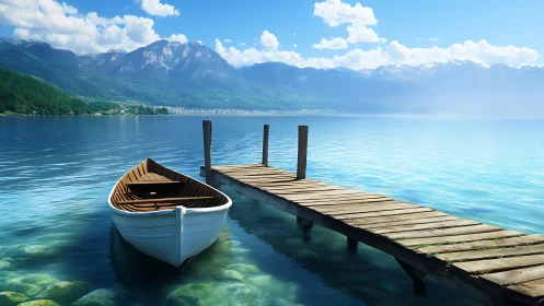 Rowboat sits beside wooden pier on clear mountain lake