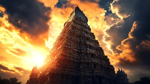 Stone temple tower beneath dense clouds and backlit sun.