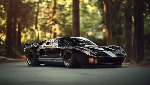 Low-slung black race car reflects forest light with precision