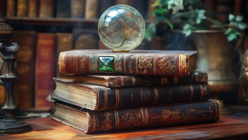 Crystal globe resting on ornate antique books in study.