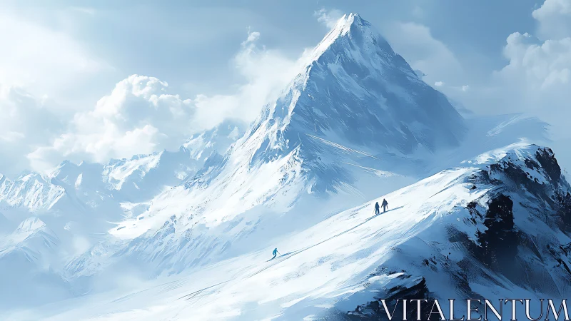 Towering alpine summit with distant winter mountaineers.