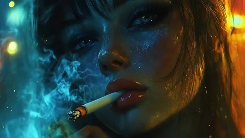Neon smoke siren gazes through glittered midnight haze.