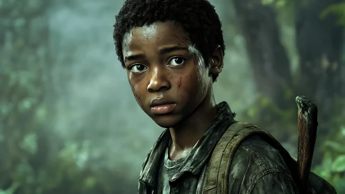 Young survivor portrait in dense forest wilderness.