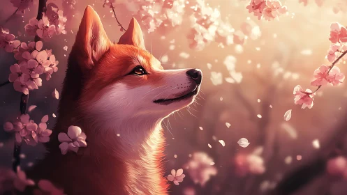 Dog gazes upward amid softly lit pink cherry blossoms