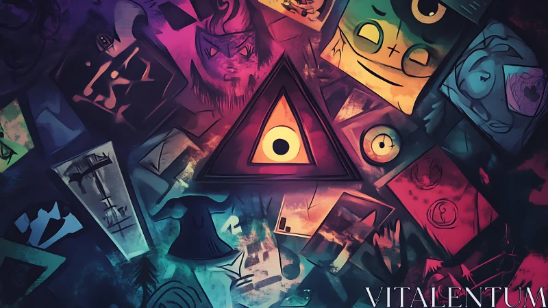 Surreal triangular eye nexus with fragmented neon portraits.