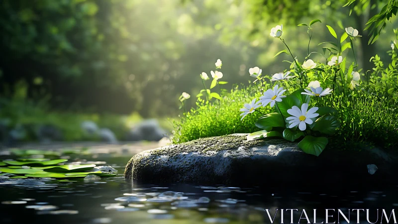 Quiet garden daisies glowing softly beside a forest stream.