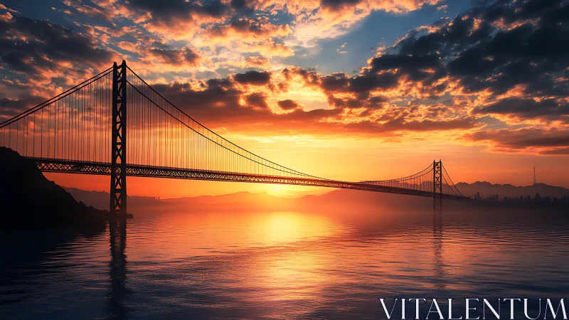 Golden suspension bridge spans a glowing ocean sunset.