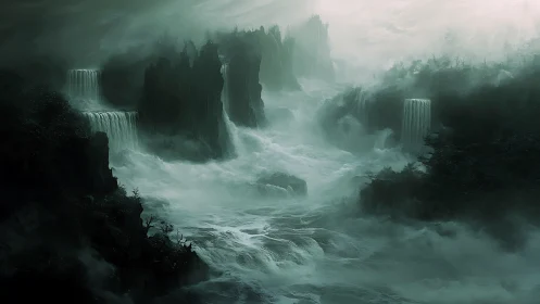 Ghostly waterfalls carve mist-choked ravine through dark cliffs