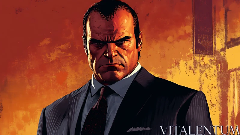 Stoic suited figure stands strong against a blazing backdrop