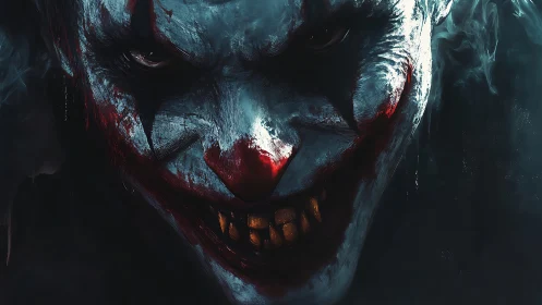 Sinister clown close‑up radiates menace in smoky darkness