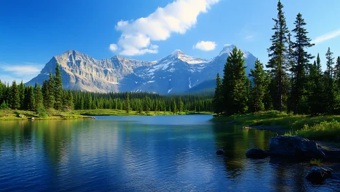 Photorealistic alpine lake with conifer forest and peaks.