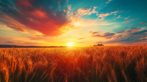 Sunset-illuminated wheat field under high-contrast stratocumulus sky