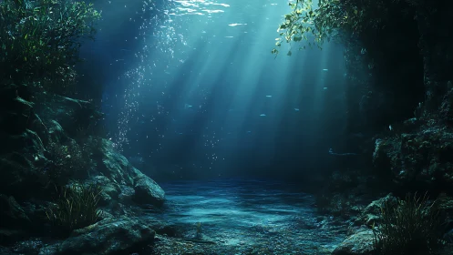 Sunlit underwater cave floor shows rocks, plants, and clear water