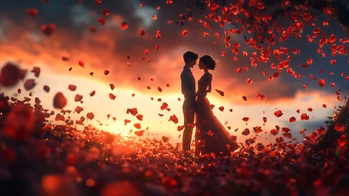 Couple silhouetted against sunset with falling rose petals