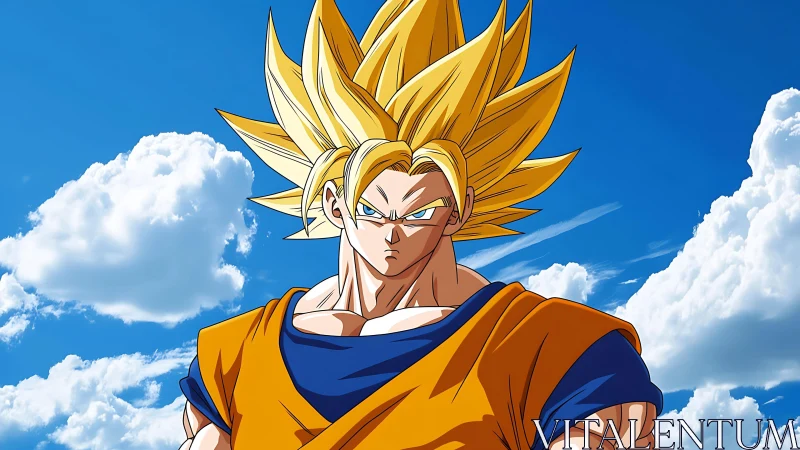 Spiky haired anime warrior stands under bright blue sky.