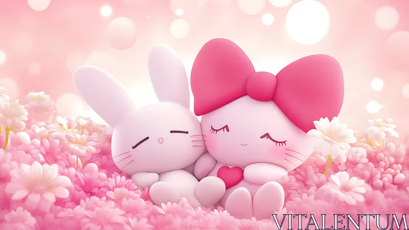 Soft bunny friends share a peaceful nap in pink flowers