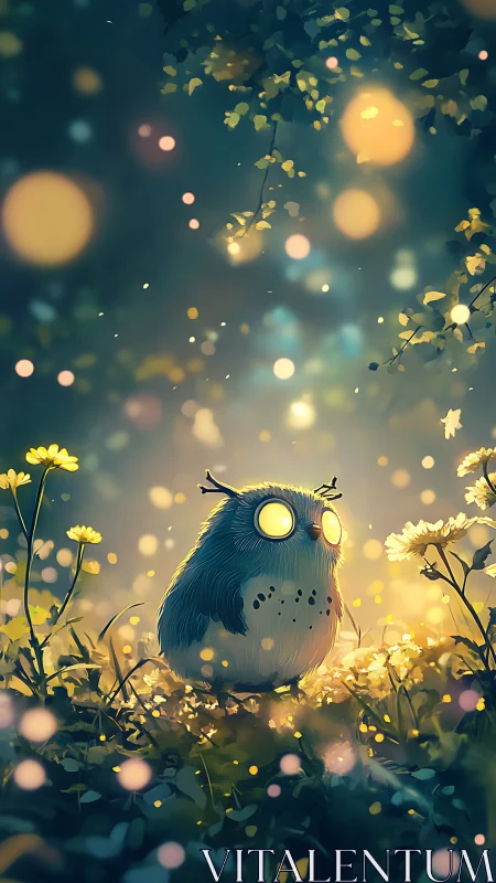 Glowing-eyed forest owl under dreamy bokeh lights at dusk.